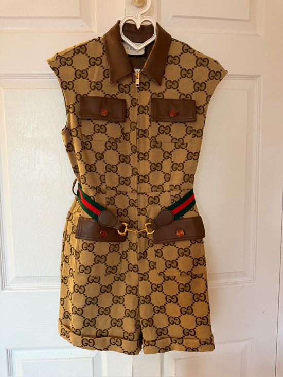 Gucci Dresses & Skirts - Gucci Beige GG Monogram Sleeveless Romper with Green-Red Web Belt